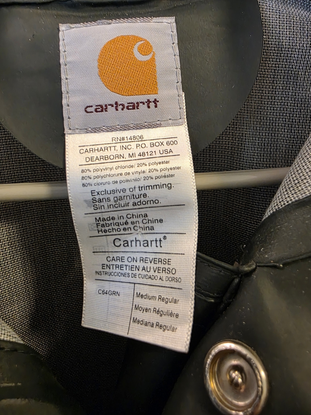 Carhartt Men's Dark Green Work Raincoat with Corduroy Collar - Picture 3 of 7